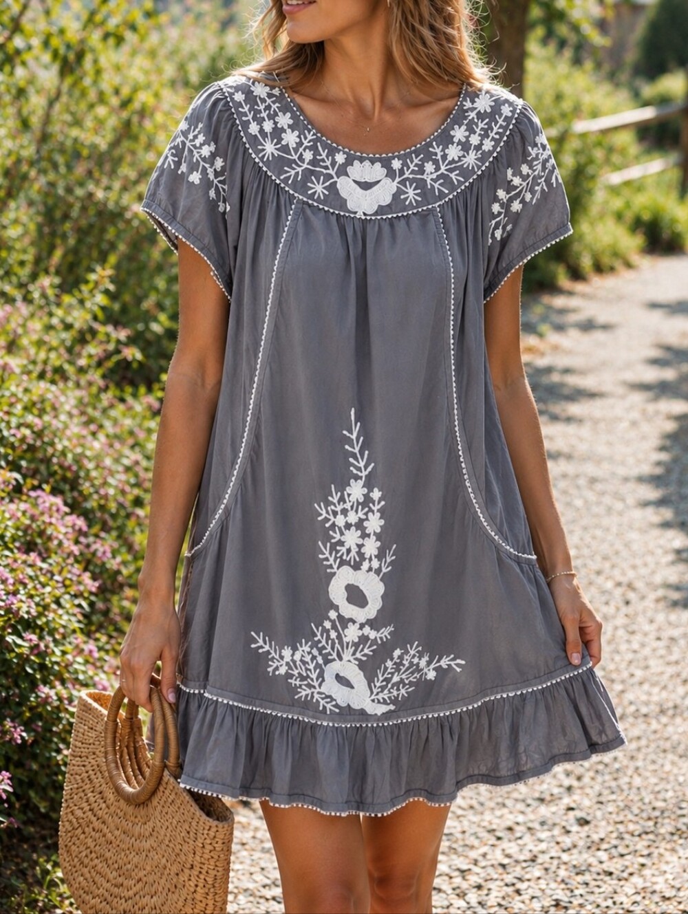 K.Janiya Gray Embroidered Cotton Dress White Floral Boho Peasant Tunic Pockets